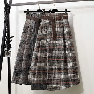 Vintage High-Waisted Woolen Plaid Skirt