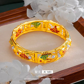 Luxury 24K 9999 Pure Gold real gold Burned Blue Buckle Pearl Koi Women's Open Bracelet Bracelet