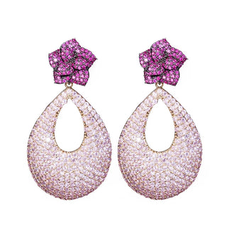 CWWZircons Flower CZ Long Dangle Drop Earrings for Women Bridal Elegant Red Pink Inlay Cubic Zirconia Summer Party Jewelry E0416