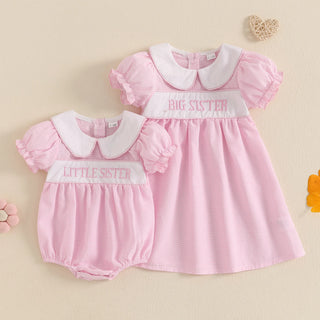 MISOWMNJOY Summer Baby Girl Clothes Princess Sister Matching Outfit Letter Embroidery Doll Collar Short Sleeve Baby Dress Romper
