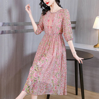 2025 Summer Floral Silk Beach Midi Sundress Women Boho Fashion Casual Light Dress Spring Korean Elegant Luxury Festival Vestidos