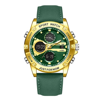 FOXBOX Outdoor Fashion Electronic Watches for Men Casual Sports Leather Waterproof Weeks Dual Digital Display Quartz Chronograph