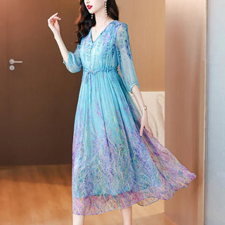 Floral Ruffled Silk Midi Elegant Party Dress - Epictzar Intl.