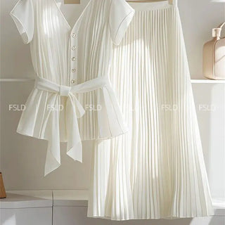 White Chiffon Women's Set Soft A-Line Pleated Long Skirt Short Sleeve Blouse Belt Single Breasted Shirts Suit 2 Piece Sets