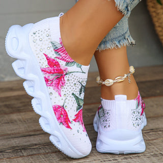 Flat Heels Crystal Floral Knitted Sneakers
