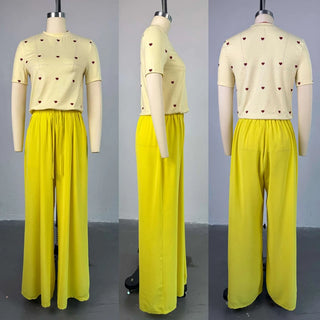 African Two Piece Set Women's Outfits 2025 Summer Casual Sweet Fashion Heart Short Sleeve Top and Wide Leg Long Pants Sets