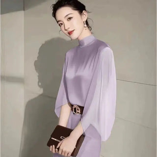 French Elegant Women's Party Outfits Autumn New Fashion Stand Collar Blouse + Temperament Bag Hip Midi Skirt Suit 2Pcs Set 433P