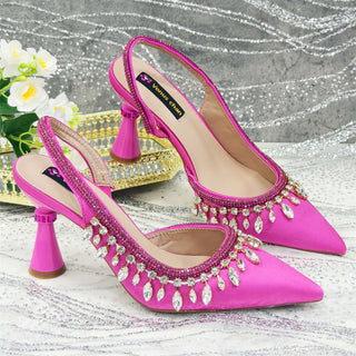Venus Chan Fuchsia Color Pointed-Toe High Women Heels Shoes and Bags for Women Rhinestone Evening Party Elegant Luxury Handbag