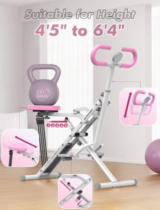 Good Pink Squat Machine for Home,Rodeo Core Exercise Machine,330lbs Foldable,Adjustable 4 Resistance Bands,Ride & Rowing Machine
