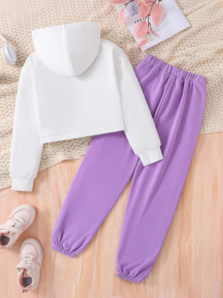 Girls' Autumn Children's 8-12 Y Fashion Sports White Letter Printed Hoodie+Purple Printed Pants 2-piece Set