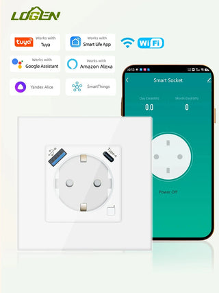 EU Wall Socket Tuya Smart Socket Wifi Electrical Outlets Power Monitor Google Smart Life Alexa Voice Control Glass Panel