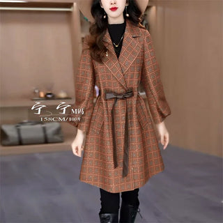 Women's Plaid Woolen Coat Fall Winter New Elegant Office Lady Notched Collar Lace-Up Jacket Fashion Bright Silk Outerwears 600P