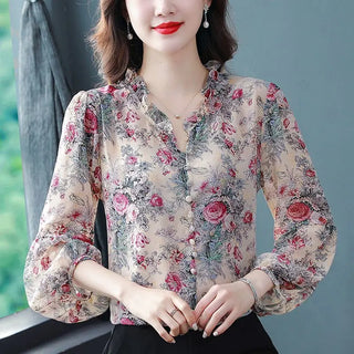 V-Neck Loose Floral Chiffon Blouse