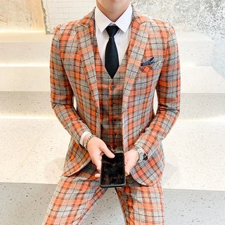 ( Jackets + Vest + Pants ) New Fashion Boutique Plaid Mens Casual Business Suit Groom Wedding Dress Suit 3pces Set Male Blazer