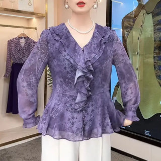 Elegant Floral Ruffles Fashion Chiffon Blouse