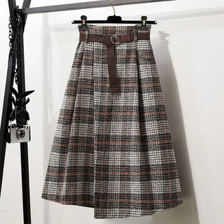 Vintage High-Waisted Woolen Plaid Skirt