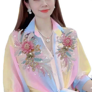 Sleeves Rainbow Thin Loose Chiffon Shirt