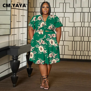 CM.YAYA Plus Size Elegant Women Two 2 Piece Set Outfits 2025 Summer Floral Print T-shirt + Midi Skirts Suits Fitness Tracksuit