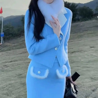 Autumn New Temperament Fur Patchwork Suit Elegant Pearl Buttons Women Jacket+High Waist Midi Skirt Celebrity Party Outfits 948P