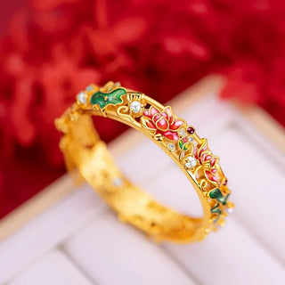 Exclusive 9999 Real 24K Yellow Gold Large Ethnic Enamel Lotus Bracelet with Pearl Lotus Buckle