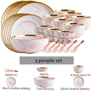 Pink Gilded Marble PatternPorcelain Dinner Plate Salad Noodles Bowl Spoon Ceramic Kitchen Tableware 1Set