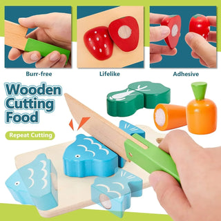 Wooden Fruit Vegetable Cutting Set with Cooking Apron Play Food Role Play Toy Kitchen Playset for Kids Children Gifts
