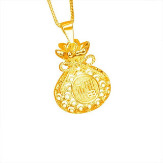 Fashion AU999 Real Gold Lucky Bag Pendant Necklace for Women 24K Gold Retro Hollow Money Bag Pendant Clavicle Chain gift