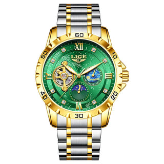 LIGE Man Mechanical Watch Stainless Steel Luxury Moon Phase Business Skeleton Waterproof Casual Automatic Movement Men's Watches