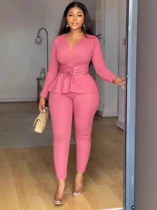 Elegant Casual V-neck 2 Pcs Pants Set