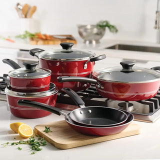 Sicilia 10-Piece Non Stick Cookware Set with Glass Lids, Aluminum Nonstick Pots and Pans Kitchen Set (Raspberry)
