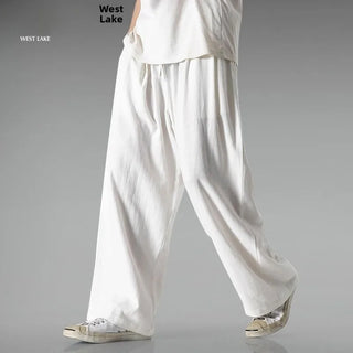 Summer Large Size Linen Cotton Wide Leg Pants Men Casual Comfortable Loose Fit Straight Leg Trousers Long Pants