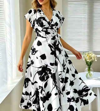 Elegant Floral Wrap V-Neck Midi Dress