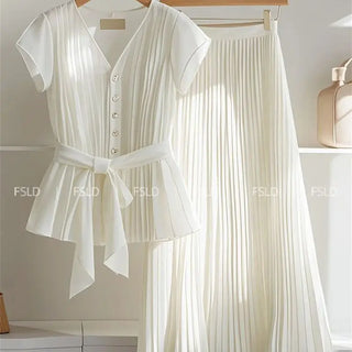 White Chiffon Women's Set Soft A-Line Pleated Long Skirt Short Sleeve Blouse Belt Single Breasted Shirts Suit 2 Piece Sets