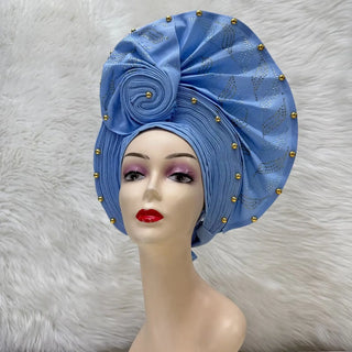 Gold African Headtie Elegant For Woman Nigerian Gele Already Made Auto Gele Turban Big Brim Party Headtie 1pcs/pack