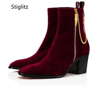 Suede Ankle Boots Gold Chain High Heels Shoes for Men Side Zipper Men Chelsea Boots Genuine Leather Black Red Boots Real Picture
