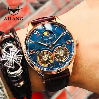 AILANG Double Tourbillon Design Business Men Mechanical Watch Fashion Leather Moon Phase Automatic Watches for Mens Reloj Hombre