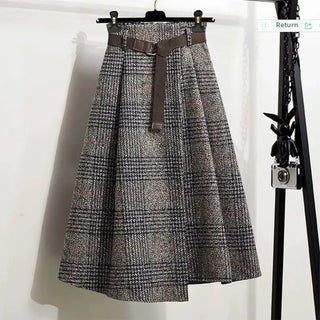 Vintage High-Waisted Woolen Plaid Skirt