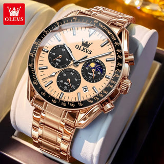 OLEVS Brand New Luxury Rose Gold Quartz Watch Men Stainless Steel Waterproof Luminous Date Moon Phase Chronograph Watches Mens