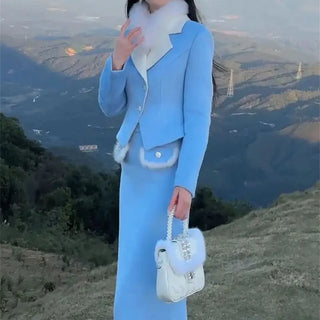 Autumn New Temperament Fur Patchwork Suit Elegant Pearl Buttons Women Jacket+High Waist Midi Skirt Celebrity Party Outfits 948P