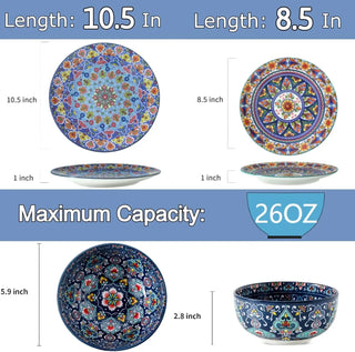Dinnerware Sets for 6, 18 Pieces Plates and Bowls Set, Ceramic Dishes Set for 6, Oven, Microwave & Dishwasher Safe, Scratch Resi