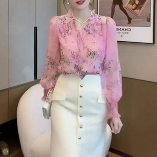 Flowers Printed Fashion Tassel Drawstring Blouse