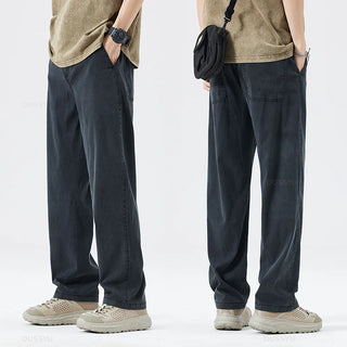 Summer Thin Soft Lyocell Fabric Jeans Men Loose Straight Wide Leg Pants Drawstring Elastic Waist Casual Trousers Plus Size M-5XL
