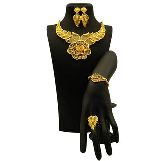 Women's 24K Gold Flower Grass Hollow Jewelry Set (4pcs), AU999 Floral filigree design with "Lush" engraving & hidden vine motif