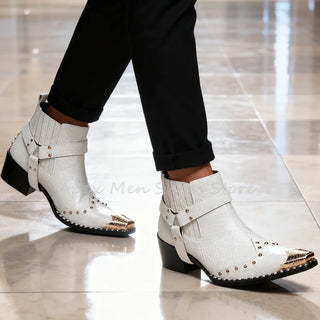 Men's Western Thick Heel Ankle Boots White Snake Skin Leather Metal Toe Rivet Decorated Handmade Buckle Strap Dress Shoes