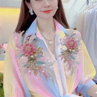 Sleeves Rainbow Thin Loose Chiffon Shirt
