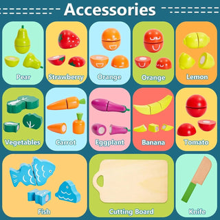 Wooden Fruit Vegetable Cutting Set with Cooking Apron Play Food Role Play Toy Kitchen Playset for Kids Children Gifts
