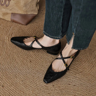 British Women Leather Strap Buckle Flats