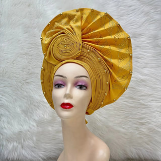 Gold African Headtie Elegant For Woman Nigerian Gele Already Made Auto Gele Turban Big Brim Party Headtie 1pcs/pack