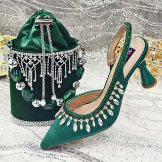 Venus Chan Fuchsia Color Pointed-Toe High Women Heels Shoes and Bags for Women Rhinestone Evening Party Elegant Luxury Handbag