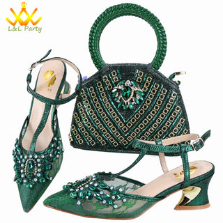 Orange Color New Arrivals Italian Design Nigerian Women Shoes and Bag Set Pointed Toe Slipper with Shinning Crystal for Party